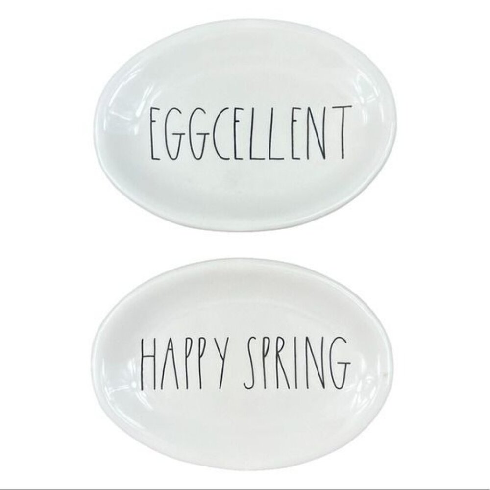 Rae Dunn Platters Eggcellent & Happy Spring Oval Ceramic Tray